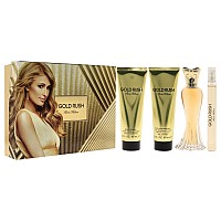 Paris Hilton Gold Rush 3.4oz EDP Spray, 0.34oz EDP Spray, 3oz Body Lotion, 3oz Shower Gel Women 4 Pc Gift Set