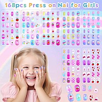 168Pcs Press On Nails For Kids Girls Shynek Kids Fake Nails For Children Pre Glue Stickers Nails Full Cover Short Acrylic Nails