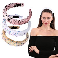 Loneedy 3 Pack Glitter Sequins Sparkly Hard Headbands For Kids Wide Velvet Padded Hair Bands Fashion Cute Daily Accessories For