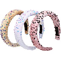 Loneedy 3 Pack Glitter Sequins Sparkly Hard Headbands For Kids Wide Velvet Padded Hair Bands Fashion Cute Daily Accessories For