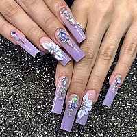 Mervf Coffin Press On Nails Long Fake Nails Ombre Purple French Tip Ballerina Glue On Nails With Rhinestones Designs Glossy 24Pc