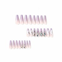 Mervf Coffin Press On Nails Long Fake Nails Ombre Purple French Tip Ballerina Glue On Nails With Rhinestones Designs Glossy 24Pc