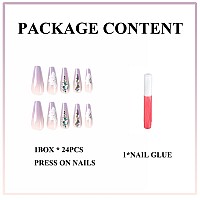 Mervf Coffin Press On Nails Long Fake Nails Ombre Purple French Tip Ballerina Glue On Nails With Rhinestones Designs Glossy 24Pc