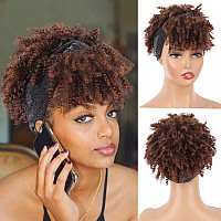 Aisaide Kinky Curly Headband Wigs For Black Women Short Ombre Brown Wig With Headband Attached Afro Puff Curly Headband Wig With