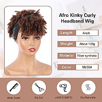 Aisaide Kinky Curly Headband Wigs For Black Women Short Ombre Brown Wig With Headband Attached Afro Puff Curly Headband Wig With