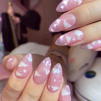 Imsohot Almond Press On Nails Medium Pink Fake Nails Cloud Full Cover Acrylic False Nails Stiletto Glitter Nails With Designs Gl