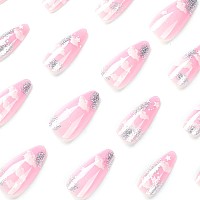 Imsohot Almond Press On Nails Medium Pink Fake Nails Cloud Full Cover Acrylic False Nails Stiletto Glitter Nails With Designs Gl