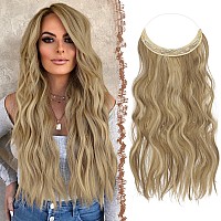 Feshfen Invisible Wire Hair Extensions With Transparent Wire Synthetic Hair Piece Long Wavy Secret Headband Hairpieces For Women