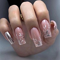 Babalal Square Press On Nails Medium Fake Nails Sliver Glue On Nails Shiny Squoval Flower Stick On Nails For Women And Girls