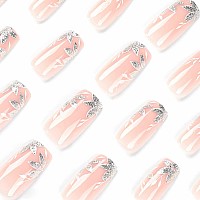 Babalal Square Press On Nails Medium Fake Nails Sliver Glue On Nails Shiny Squoval Flower Stick On Nails For Women And Girls