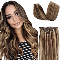 Clip In Hair Extensions Medium Brown Highlights Caramel Blonde Clip In Hair Extensions Real Human Hair Soft Straight Double Weft