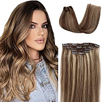 Clip In Hair Extensions Real Human Hair For Women Highlight Straight Remy Human Hair Extensions Clip Ins Balayage Chestnut Brown