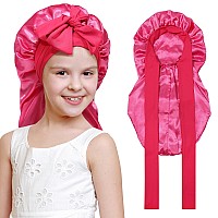 Kids Long Hair Bonnet For Sleeping Double Layer Girls Elastic Satin Bonnet With Tie Band For Braid Curly Hair Hot Pink