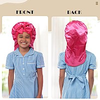 Kids Long Hair Bonnet For Sleeping Double Layer Girls Elastic Satin Bonnet With Tie Band For Braid Curly Hair Hot Pink