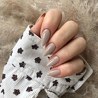 Light Gray Medium Length Press On Nails Almond Shaped Kxamelie Neutral Fake Nails Acrylic Nails For Women Gel Solid Color Glue O