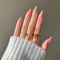 Orange Medium Length Press On Nails Almond Shaped Kxamelie Neutral Fake Nails Acrylic Nails For Women Gel Solid Color Glue On Na