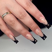 Yoyoee Square Long Press On Nails Rhinestone Fake Nails Acrylic French False Nails Black Full Cover Stick On Nails For Women And