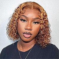 Huiwanyan Highlight Short Curly Human Hair Wig 13X4 Hd Honey Blonde Lace Frontal Curly Bob Wigs Human Hair Pre Plucked 180 Dens