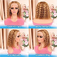 Huiwanyan Highlight Short Curly Human Hair Wig 13X4 Hd Honey Blonde Lace Frontal Curly Bob Wigs Human Hair Pre Plucked 180 Dens