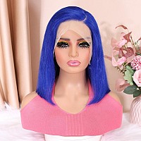 Huiwanyan Blue Wig Human Hair 13X4 Hd Lace Front Wigs Human Hair Pre Plucked Bob Wig Blue Human Hair Wig Glueless 180 Density B