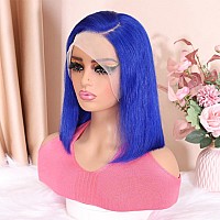 Huiwanyan Blue Wig Human Hair 13X4 Hd Lace Front Wigs Human Hair Pre Plucked Bob Wig Blue Human Hair Wig Glueless 180 Density B