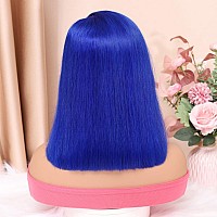 Huiwanyan Blue Wig Human Hair 13X4 Hd Lace Front Wigs Human Hair Pre Plucked Bob Wig Blue Human Hair Wig Glueless 180 Density B