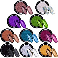 Duufin 10 Jars Chrome Nail Powder Metallic Nail Powders Chrome Nails Art Mirror Effect Powder With 10 Pcs Eyeshadow Sticks 1Gj