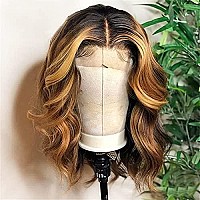 Andria Short Wig Ombre Highlight Brown Colorful Wavy Wig Lace Front Wigs For Women Natural Loose Wave Wigs Synthetic Heat Resist