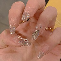 Mervf Coffin Press On Nails Medium Fake Nails Glitter French Tip Ballerina Glue On Nails With Rhinestones Design Artificial Luxu