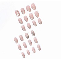 Mervf Coffin Press On Nails Medium Fake Nails Glitter French Tip Ballerina Glue On Nails With Rhinestones Design Artificial Luxu