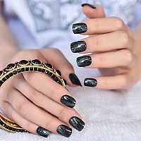 Elevenail Press On Nails Glossy Shiny Glitter Dark Blue Black False Nails Short Squoval Acrylic Uv Gel Nail Art Tips Salon Women