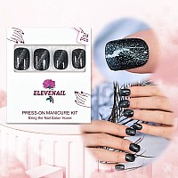 Elevenail Press On Nails Glossy Shiny Glitter Dark Blue Black False Nails Short Squoval Acrylic Uv Gel Nail Art Tips Salon Women