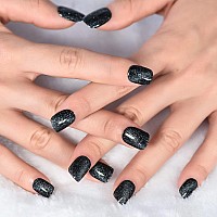 Elevenail Press On Nails Glossy Shiny Glitter Dark Blue Black False Nails Short Squoval Acrylic Uv Gel Nail Art Tips Salon Women