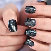 Elevenail Press On Nails Glossy Shiny Glitter Dark Blue Black False Nails Short Squoval Acrylic Uv Gel Nail Art Tips Salon Women