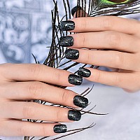 Elevenail Press On Nails Glossy Shiny Glitter Dark Blue Black False Nails Short Squoval Acrylic Uv Gel Nail Art Tips Salon Women