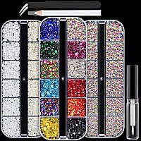 4320Pcs Face Gems For Makeup With Glue Flatback Round Glass Crystal Ab Mixed Color Iridescent Chameleon Rhinestones Flatback