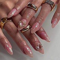 Imsohot Almond Press On Nails Medium Pink Fake Nails Glossy Glue On Nails Full Cover Acrylic Gel False Nails With Cute Heart Rhi