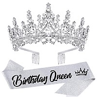 Velscrun Silver Crystal Birthday Queen Tiara Crowns For Women Girls Birthday Queen Headband Sash Elegant Princess Crown With Com