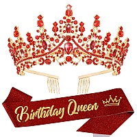 Velscrun Red Crystal Birthday Queen Tiara Crown For Women Girls Birthday Queen Headband Sash Elegant Princess Crown With Combs H