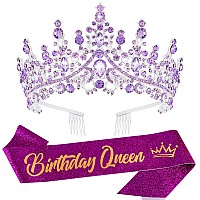 Velscrun Purple Crystal Birthday Queen Tiara Crown For Women Girls Birthday Queen Headband Sash Elegant Princess Crown With Comb