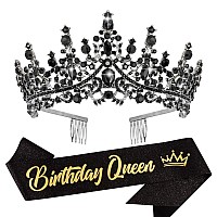 Velscrun Black Crystal Birthday Queen Tiara Crown For Women Girls Birthday Queen Headband Sash Elegant Princess Crown With Combs