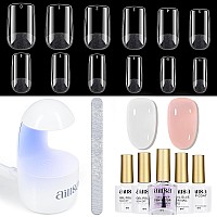 Aillsa Gel Nail Kit Short Square Nail Tips 240Pcs With 2 In 1 Nail Glue Base Coat And Nail Dehydrator Gel Manicure Full Nail Ki