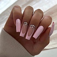 Babalal Coffin Press On Nails Long Fake Nails Pink French Glue On Nails Rhinestone Ballerina Acrylic Nails 24Pcs Shiny Stick On