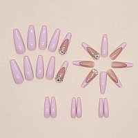 Babalal Coffin Press On Nails Long Fake Nails Pink French Glue On Nails Rhinestone Ballerina Acrylic Nails 24Pcs Shiny Stick On