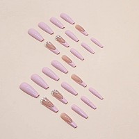 Babalal Coffin Press On Nails Long Fake Nails Pink French Glue On Nails Rhinestone Ballerina Acrylic Nails 24Pcs Shiny Stick On