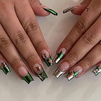 Babalal Square Press On Nails Medium Fake Nails Sliver Chrome Green Glue On Nails Star Acrylic Nails Squoval Stick On Nails