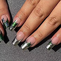 Babalal Square Press On Nails Medium Fake Nails Sliver Chrome Green Glue On Nails Star Acrylic Nails Squoval Stick On Nails