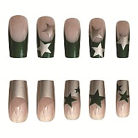 Babalal Square Press On Nails Medium Fake Nails Sliver Chrome Green Glue On Nails Star Acrylic Nails Squoval Stick On Nails