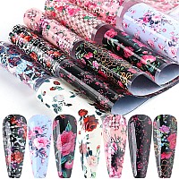 Flowers Nail Foil Transfer Stickers Nail Art Supplies 10 Flowers Patterns Nail Foils Designs Rose Floral Nail Art Decals For Ac