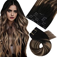 Moresoo Human Hair Clip In Extensions Balayage Double Weft Clip In Hair Extensions Human Hair Ombre Black To Dark Brown Mixed Wi